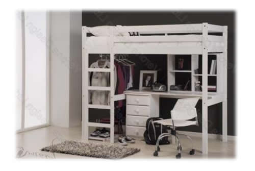 Verona Rimini Childrens High Bed with Student Package and Bedside Cabinet | White